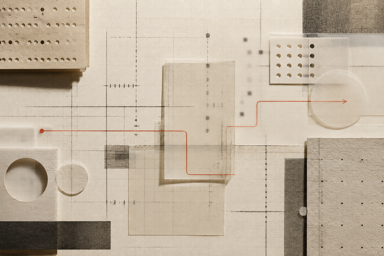 Abstract experiment ledger in warm paper, charcoal, and vermilion