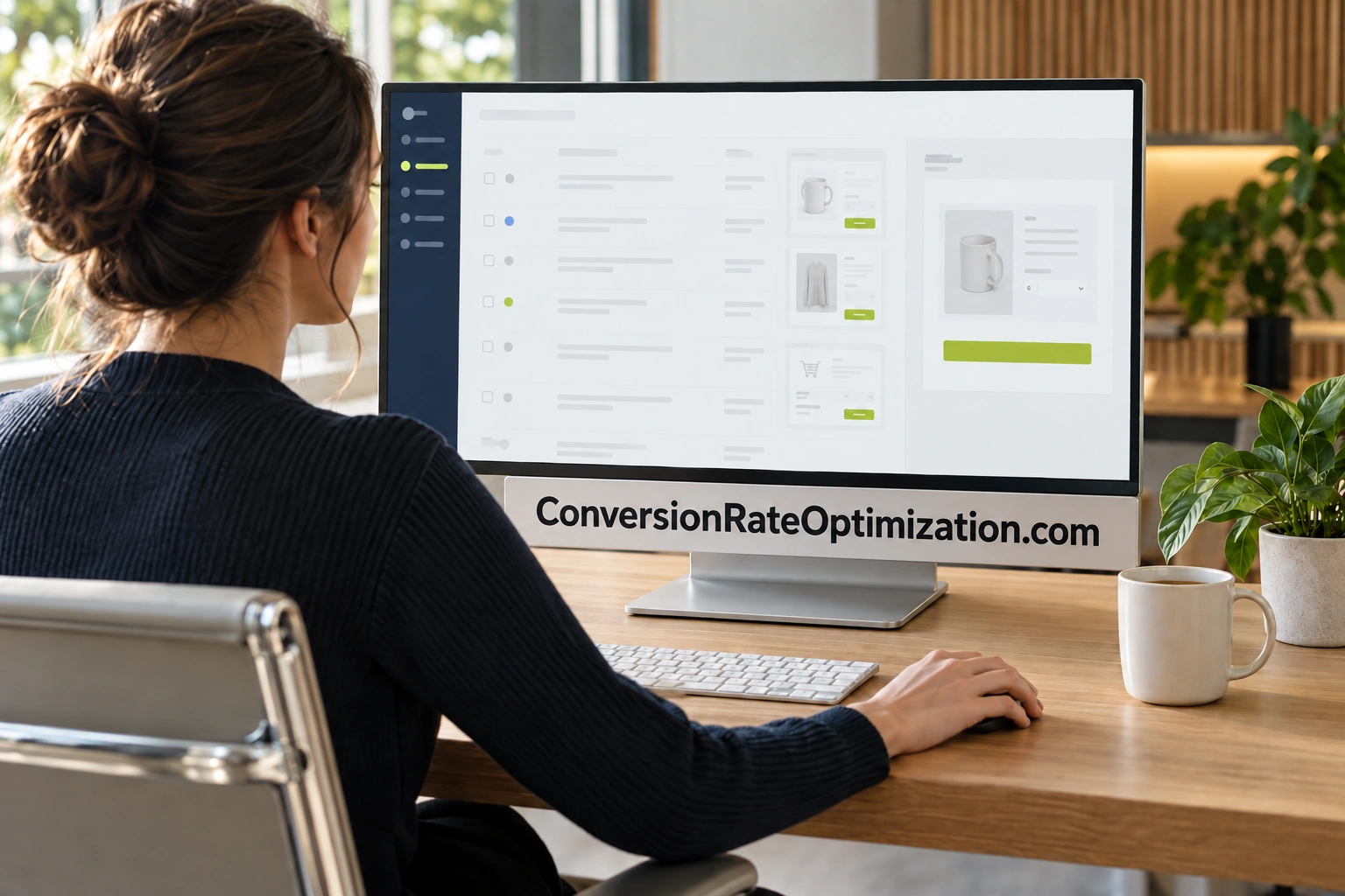 A practitioner reviewing website issues in a conversion audit workspace with ConversionRateOptimization.com signage.