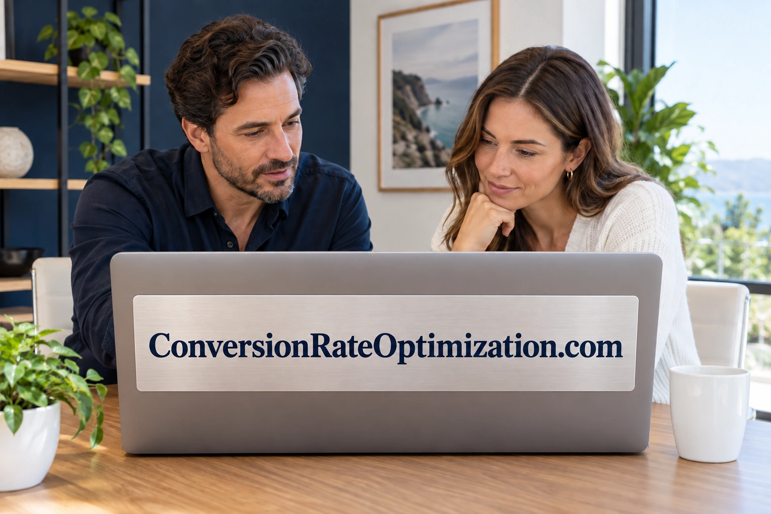 Two conversion specialists examining a digital storefront beneath ConversionRateOptimization.com signage.