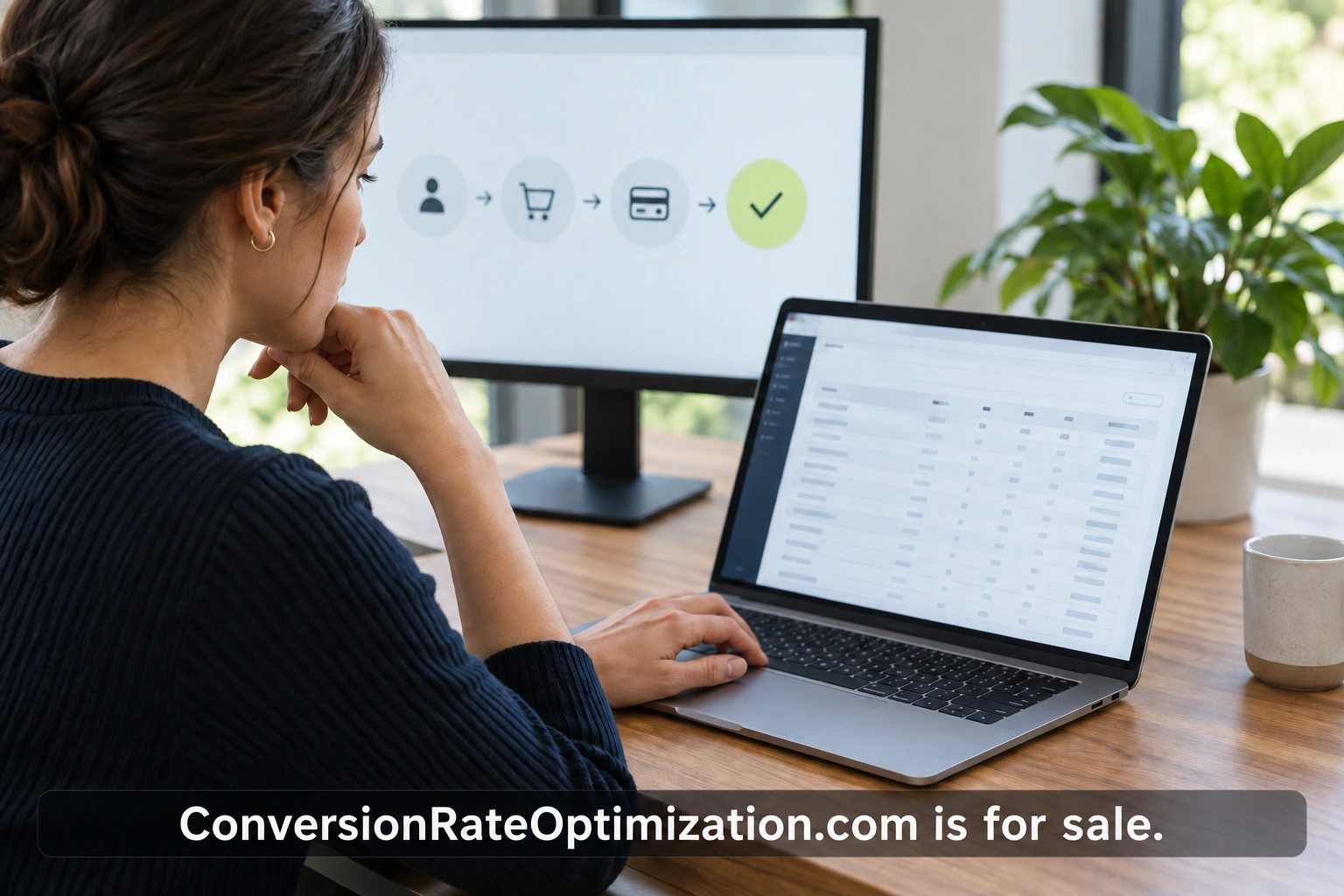 An analyst comparing conversion measurement on a digital screen, with a small domain-for-sale watermark.
