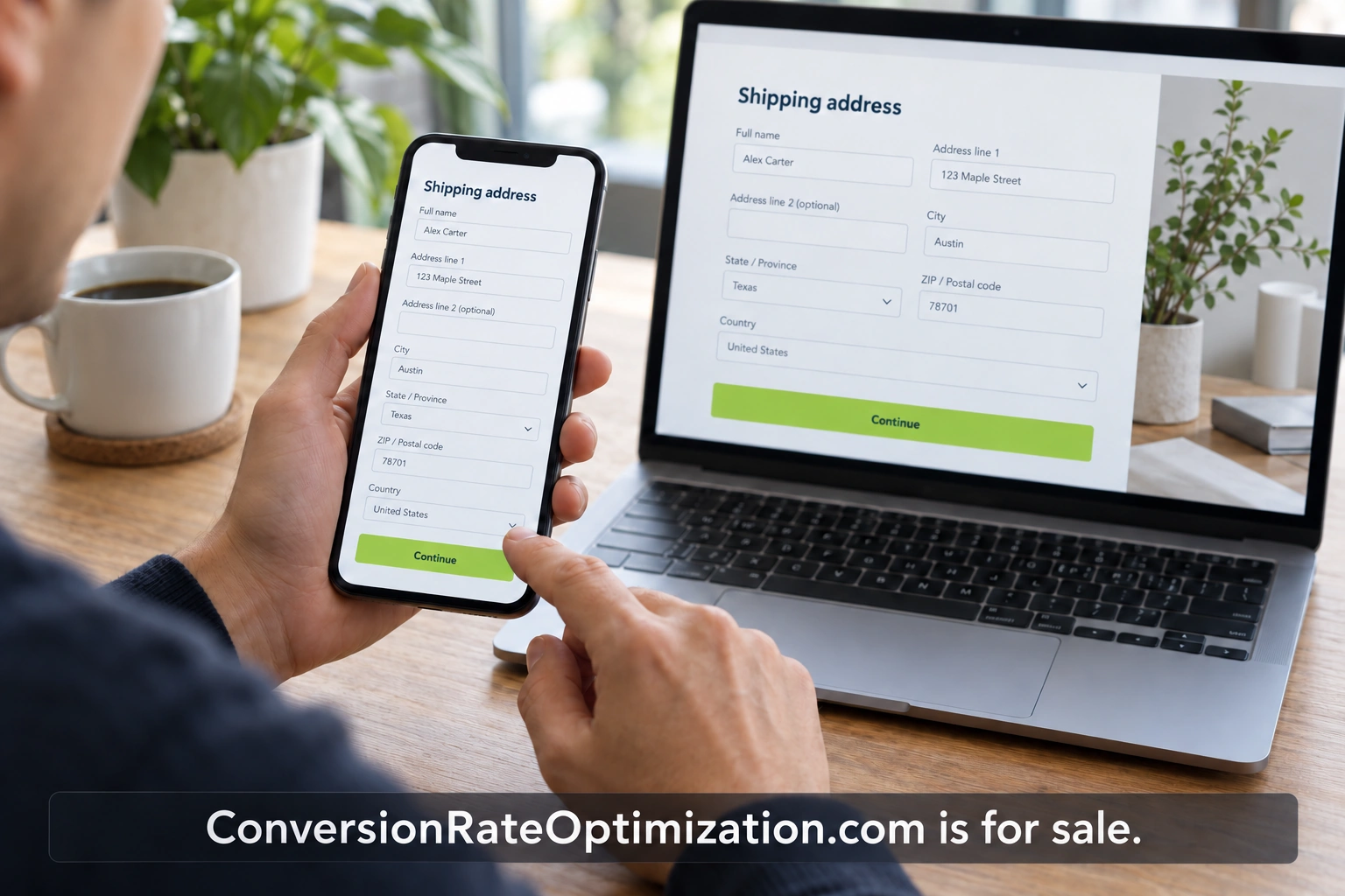 A practitioner reviewing a website form on a screen, with a small domain-for-sale watermark.